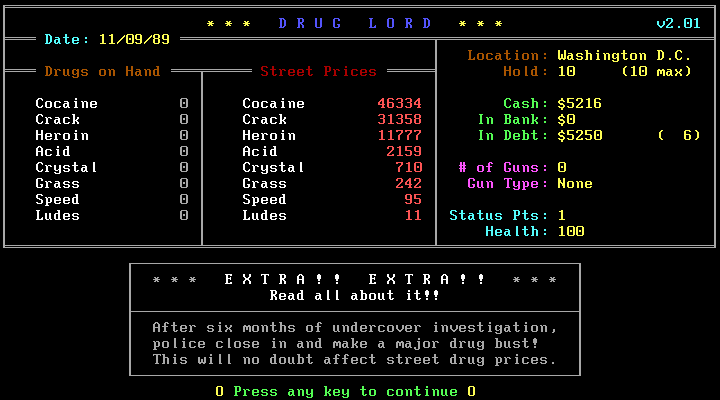 Druglord (DOS) screenshot: Buy low, sell high.