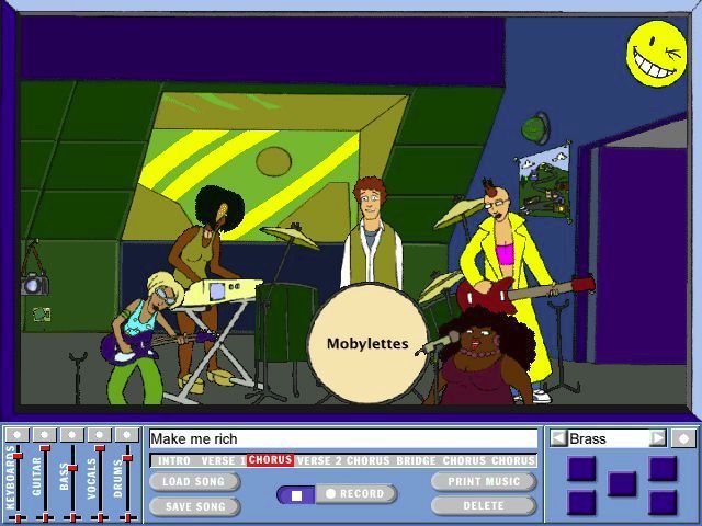 Create a Pop Sensation (Windows) screenshot: The recording studio. In the lower left are controls for volume and balance while in the lower right are controls for adding additional sounds