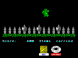 Little Puff in Dragonland (ZX Spectrum) screenshot: Falling down on a line of blades is deadly