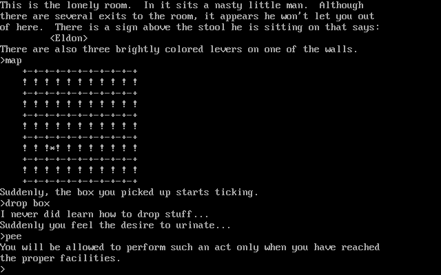 cRiMe (DOS) screenshot: Use of the map function. Also, an unsettling discovery. Finally, a reassuring reminder.