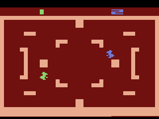 Combat (Atari 2600) screenshot: Tank combat with walls and reflective shots