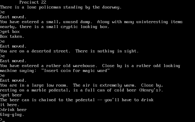 cRiMe (DOS) screenshot: Even a hardened criminal can use a cold one on break.