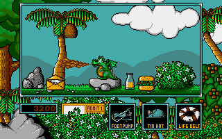 Little Puff in Dragonland (Amiga) screenshot: With tin hat that coconut won't hurt you