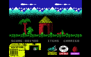 Little Puff in Dragonland (Commodore 64) screenshot: Let's take a little rest between palm & hut