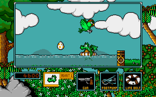 Little Puff in Dragonland (Amiga) screenshot: Enjoying dramatic float in the life belt