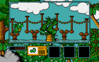 Little Puff in Dragonland (Amiga) screenshot: Very last obstacle is a sea creature here