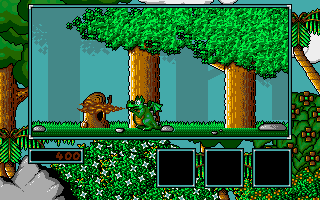 Little Puff in Dragonland (Amiga) screenshot: Destroying tree stump with fire breath