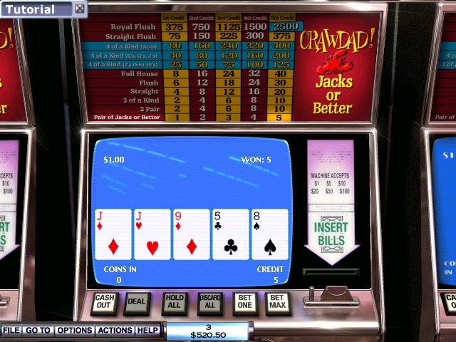 Hoyle Casino 2004 (Windows) screenshot: A pair of jacks is the minimum hand to win at video poker