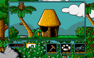 Little Puff in Dragonland (Amiga) screenshot: Let's take a little rest between palm & hut