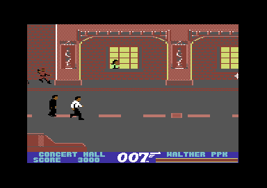 James Bond 007 in The Living Daylights: The Computer Game (Commodore 64) screenshot: Using Infared Sight to distinguish between enemies and civilians