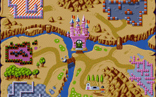 Dimo's Quest (DOS) screenshot: The kingdom map: Your hut, king's castle, and five different worlds to complete...