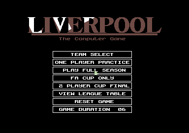 Liverpool: The Computer Game (Commodore 64) screenshot: Main menu