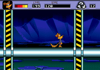 Awesome Possum Kicks Dr. Machino's Butt (Genesis) screenshot: On a pipe