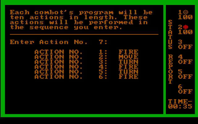 Combots (DOS) screenshot: Entering commands for a combot
