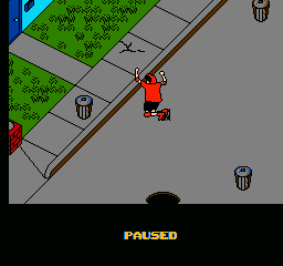 Rollerblade Racer (NES) screenshot: In the middle of a 360 spin or maybe he just won the lottery.