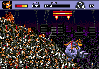 Awesome Possum Kicks Dr. Machino's Butt (Genesis) screenshot: Riding a beast!