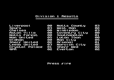 Liverpool: The Computer Game (Commodore 64) screenshot: League results page