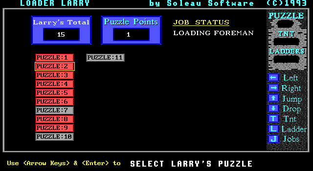 Loader Larry (DOS) screenshot: Loader Larry - Main Menu