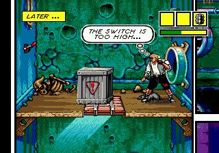 Comix Zone (Genesis) screenshot: Aha, a switch... and a crate!