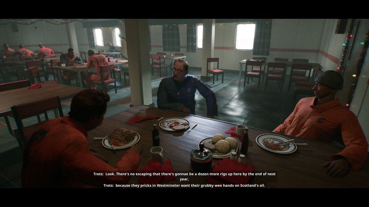 Still Wakes the Deep (Windows) screenshot: A conversation in the mess hall.