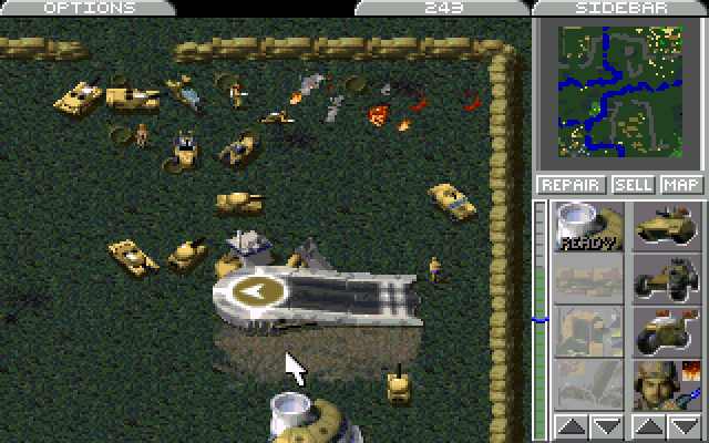 Command & Conquer (DOS) screenshot: Capturing enemy structures will allow you to build units of the opposing side.