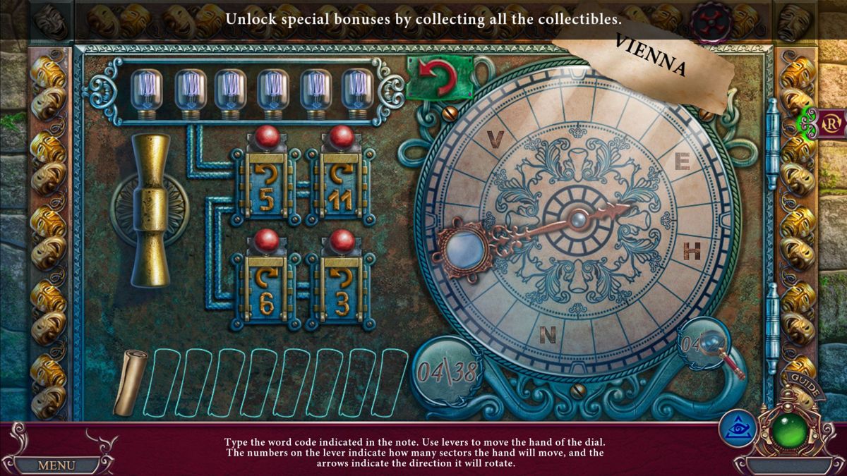 Dark City: Vienna (Collector's Edition) (Windows) screenshot: Demo Game: Collecting morphing objects and collectible items unlocks bonus features on this screen. They are accessed by spelling code words.