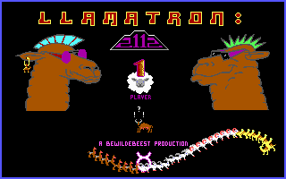 Llamatron: 2112 (DOS) screenshot: Title screen and menu (EGA)