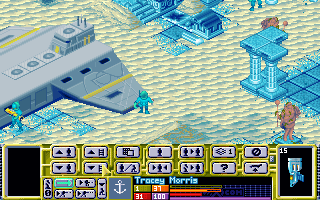 X-COM: Terror from the Deep (DOS) screenshot: Underwater missions sometimes reveal interesting ruin sites