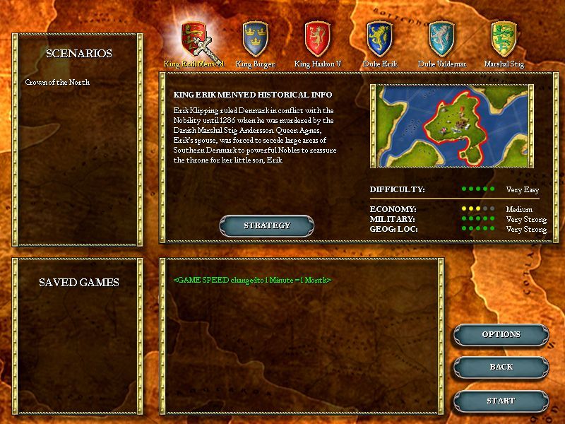 Crown of the North (Windows) screenshot: Starting a game. There are six royal houses to choose from and each has a detailed historical background. King Erik is displayed here and playing his role is the easiest while Marshal Stig is the hardest