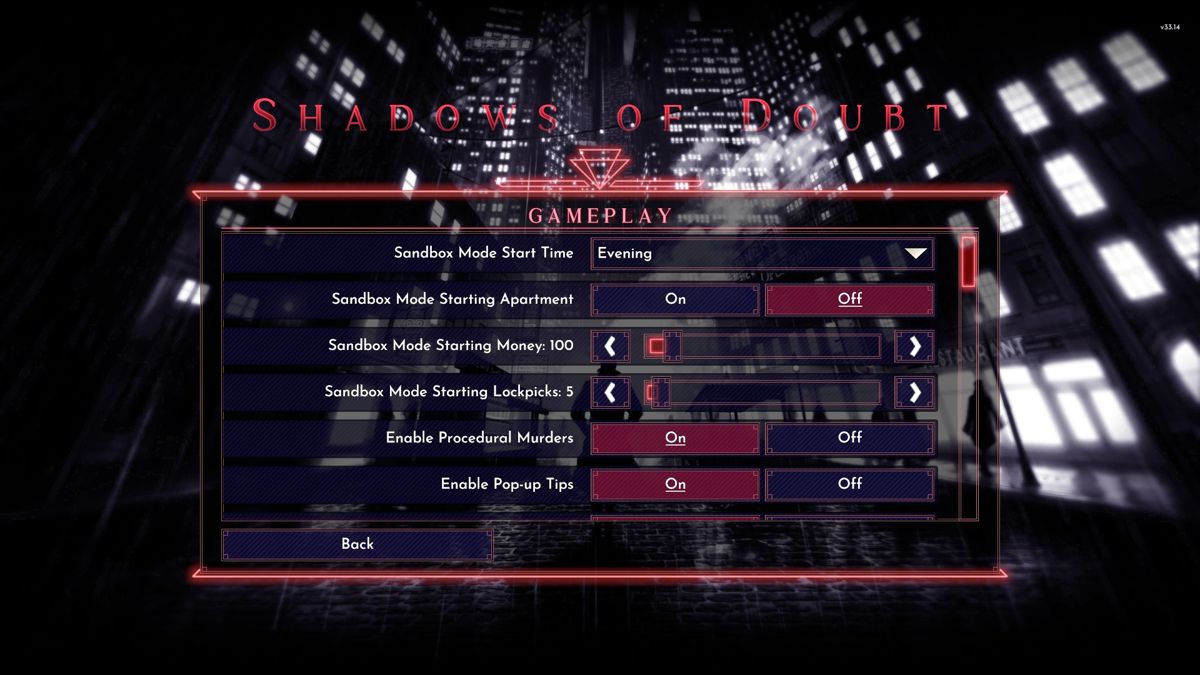 Shadows of Doubt (Windows) screenshot: Options panel