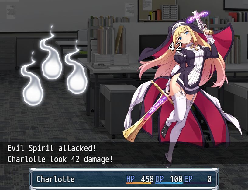 Exorcist Charlotte (Windows) screenshot: Before the weakening spell Charlotte could defeat these low level spirits with one swipe, now it takes three or four