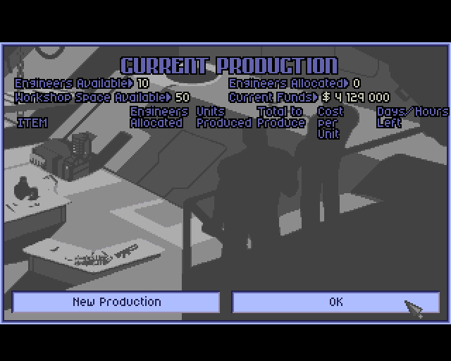 X-COM: UFO Defense (Amiga) screenshot: Production management screen