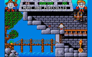 Fantasy World Dizzy (Atari ST) screenshot: Moat and portcullis.
