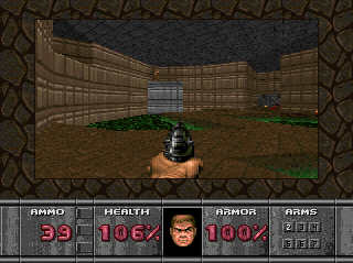 Doom (SEGA 32X) screenshot: The status bar is drawn using the Genesis display