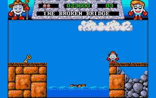 Fantasy World Dizzy (Atari ST) screenshot: Raise the water level by throwing heavy boulders into river.