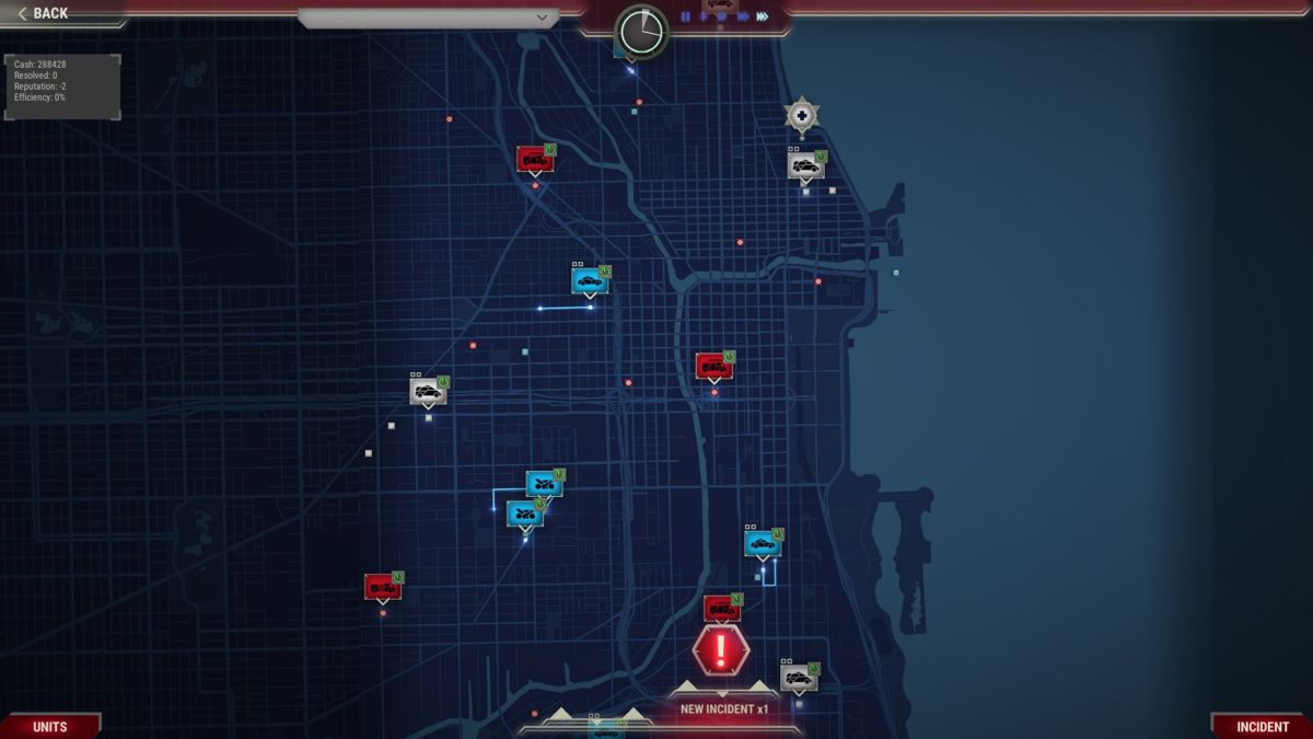 911 Operator (Windows) screenshot: General gameplay. Different units drive around waiting for orders.