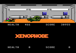 Xenophobe (Atari 7800) screenshot: Even after being hit, you may shoot from a laying position