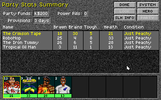 Superhero League of Hoboken (DOS) screenshot: Party Stats