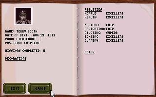 B-17 Flying Fortress (DOS) screenshot: One of the crew. The game keeps careful track of each member, from skills to health to morale. It's up to you to keep them running a tight ship.