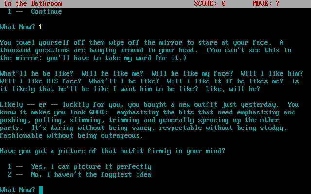 Love's Fiery Imbroglio (DOS) screenshot: Binary decisions (AGT port)