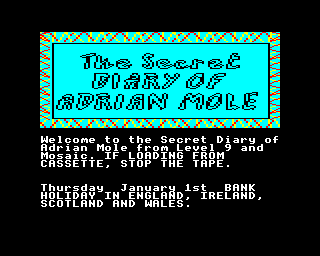 The Secret Diary of Adrian Mole Aged 13¾ (BBC Micro) screenshot: Title screen.