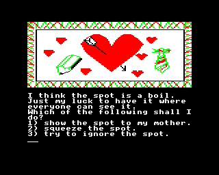 The Secret Diary of Adrian Mole Aged 13¾ (BBC Micro) screenshot: Adrian Mole encounters many typical teenage troubles, including pimples.