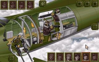 B-17 Flying Fortress (DOS) screenshot: The mid-gunnery positions. Every position on a B-17 is available for you to control.