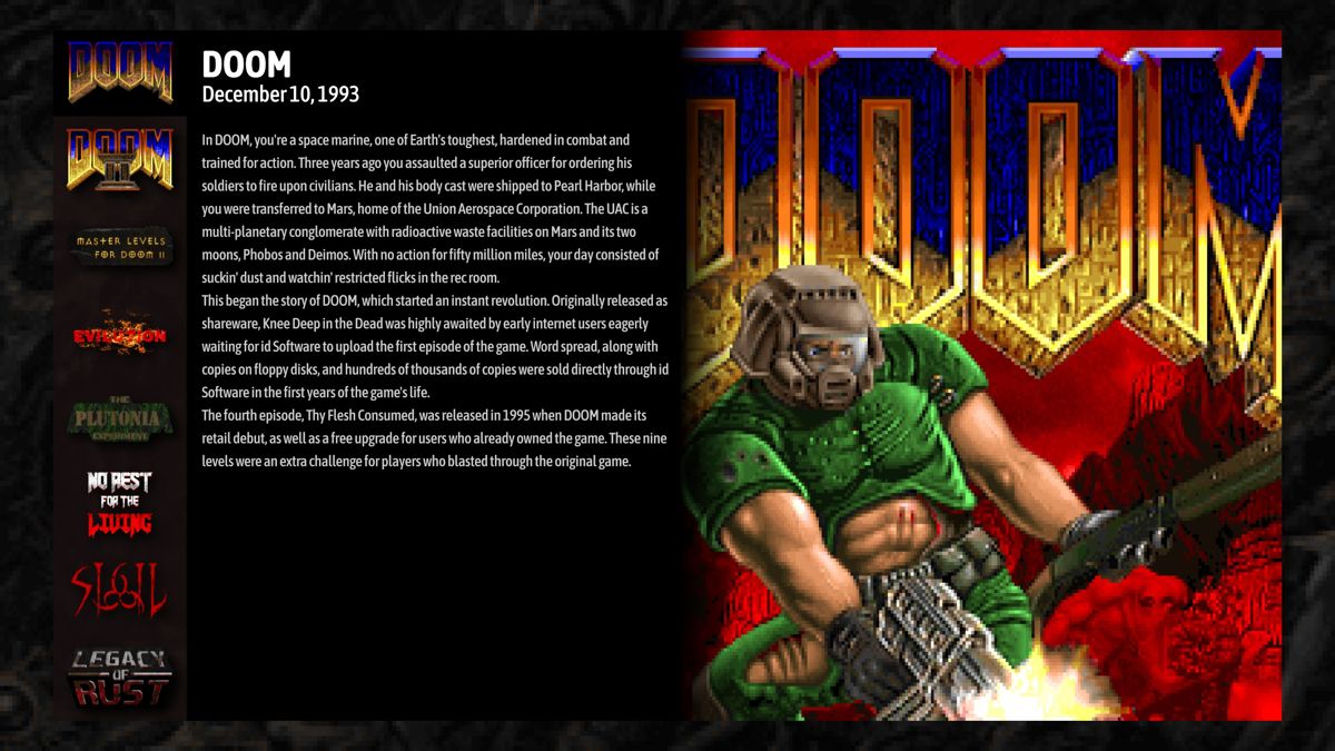 Doom + Doom II (Windows) screenshot: Game selection screen with a short description for each piece of content