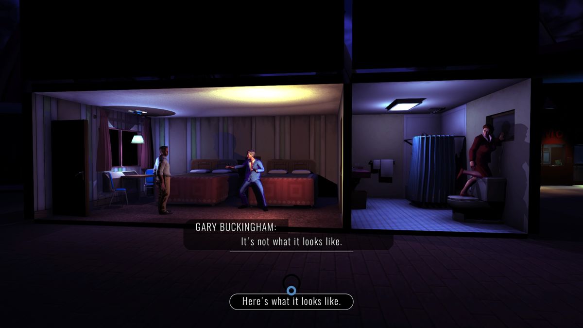 Knee Deep (PlayStation 4) screenshot: Gary Buckingham's been caught in the act