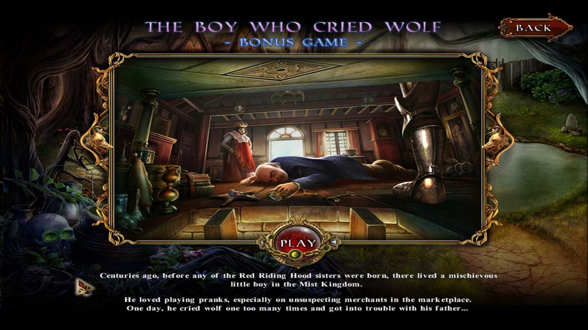 Dark Parables: The Red Riding Hood Sisters (Collector's Edition) (Windows) screenshot: The bonus game, "The Boy Who Cried Wolf", is a single chapter prequel to the main game. It is locked until the main game has been completed