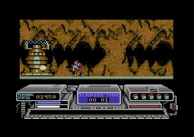 Baal (Commodore 64) screenshot: Destroying generators to turn off the force fields