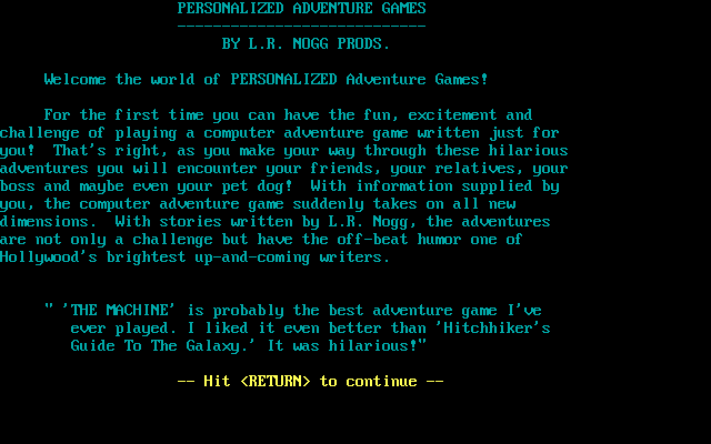 Mission's End: A Personalized Adventure Sample (DOS) screenshot: Personalized Adventure Games ad