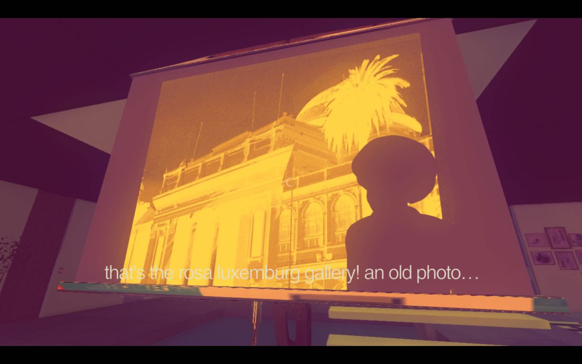 Sunset (Windows) screenshot: Angela watches slides on a projection screen.