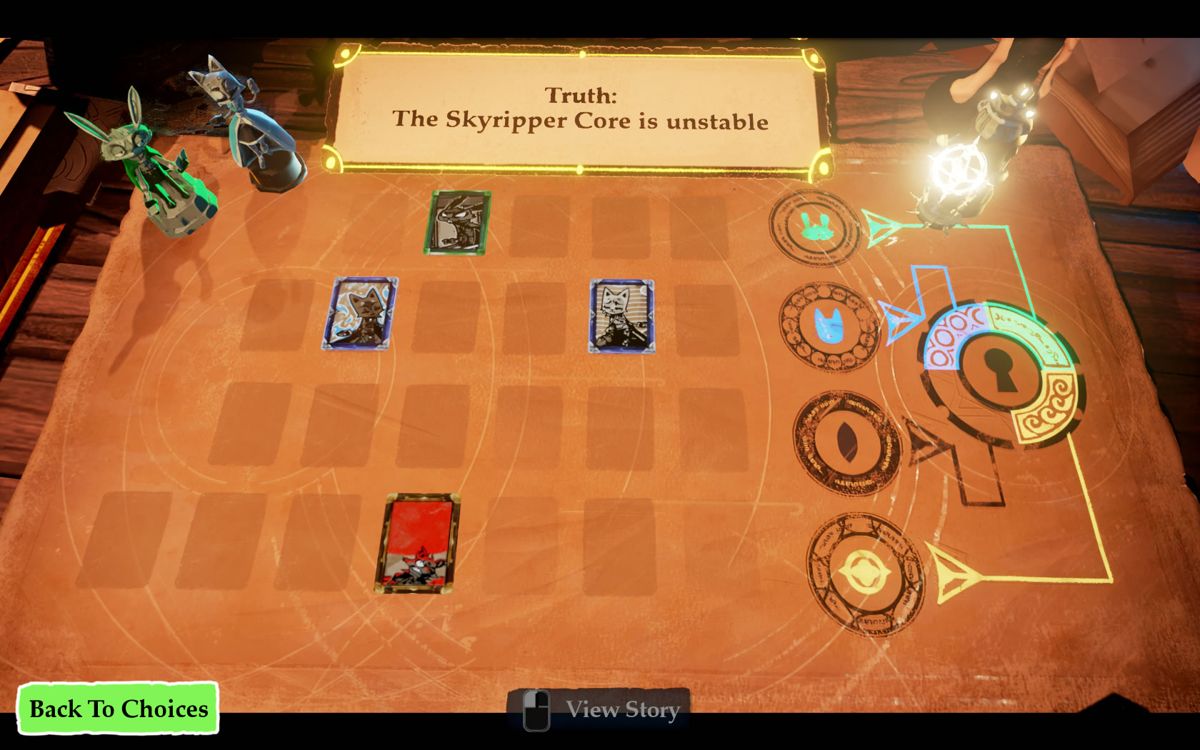 Stories: The Path of Destinies (Windows) screenshot: Here is the main board where cards represent completed stories. The lights on the right show that one more 'truth' is needed to fully complete the game and discover one of the endings.
